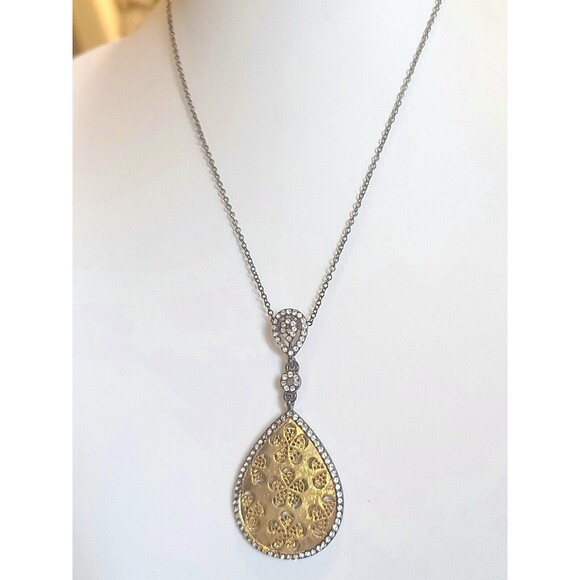 Teardrop Gold Tone Pendant Rhinestone Statement Chain Necklace 18" - Picture 2 of 4